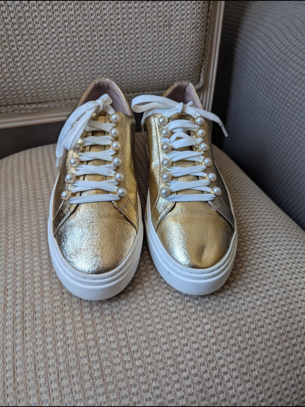Stuart Weitzman Metallic Gold Pearl-Trim Sneakers